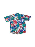 Vintage Horizonte Hemd Kurzarm Abstract Pattern USA Stars And Stripes Grün Blau Rot M