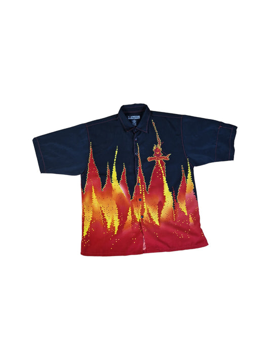 Vintage Johnny Blaze Hemd Kurzarm Teufel In Flammen Schwarz Rot L