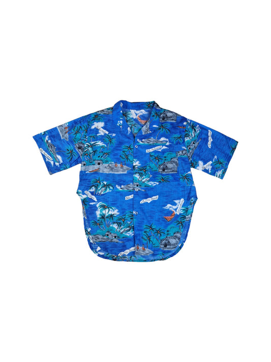 Vintage Hawaiihemd 80s Kurzarm Beach Motive Blau S-M