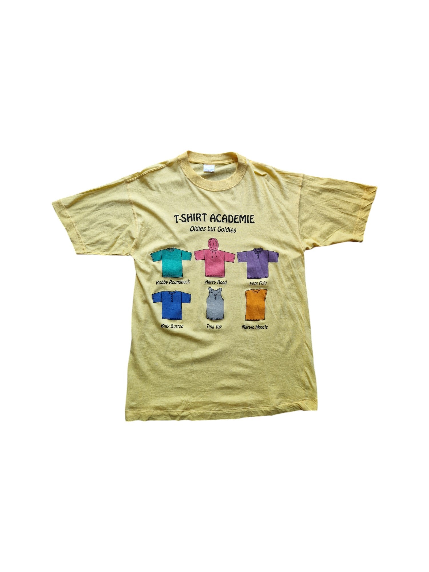 Vintage American Style Shirt 90s "T-Shirt Academy" Single Stitch Gelb L - RareRags