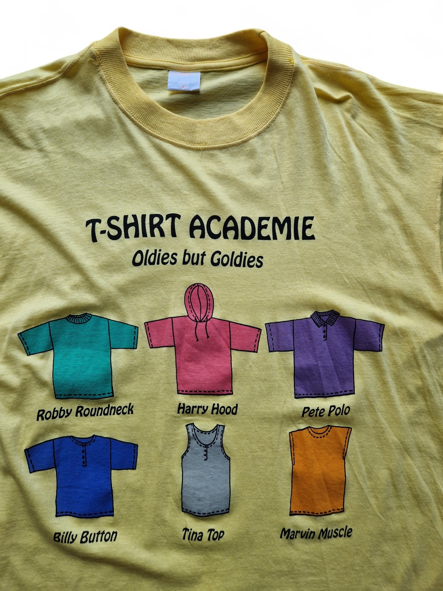 Vintage American Style Shirt 90s "T-Shirt Academy" Single Stitch Gelb L - RareRags