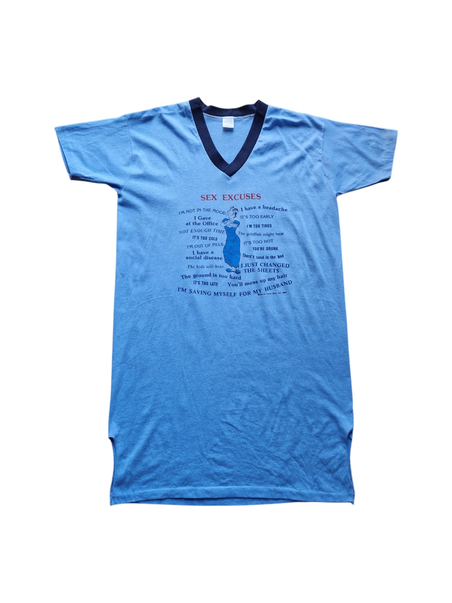 Vintage Sportswear Shirt/Nachthemd 1982 "Sex Excuses" Single Stitch Made In USA Hellblau XL - RareRags