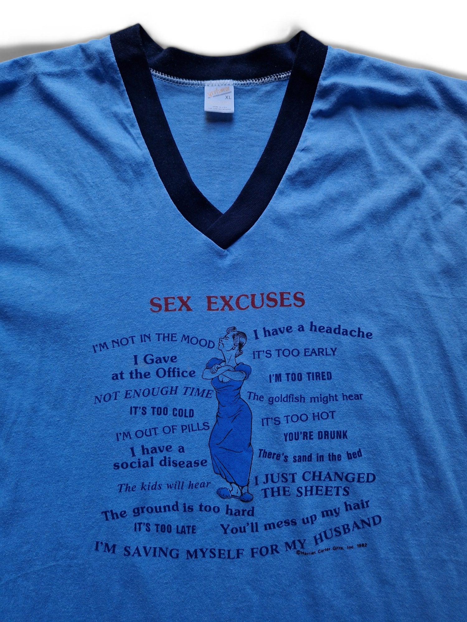 Vintage Sportswear Shirt/Nachthemd 1982 "Sex Excuses" Single Stitch Made In USA Hellblau XL - RareRags