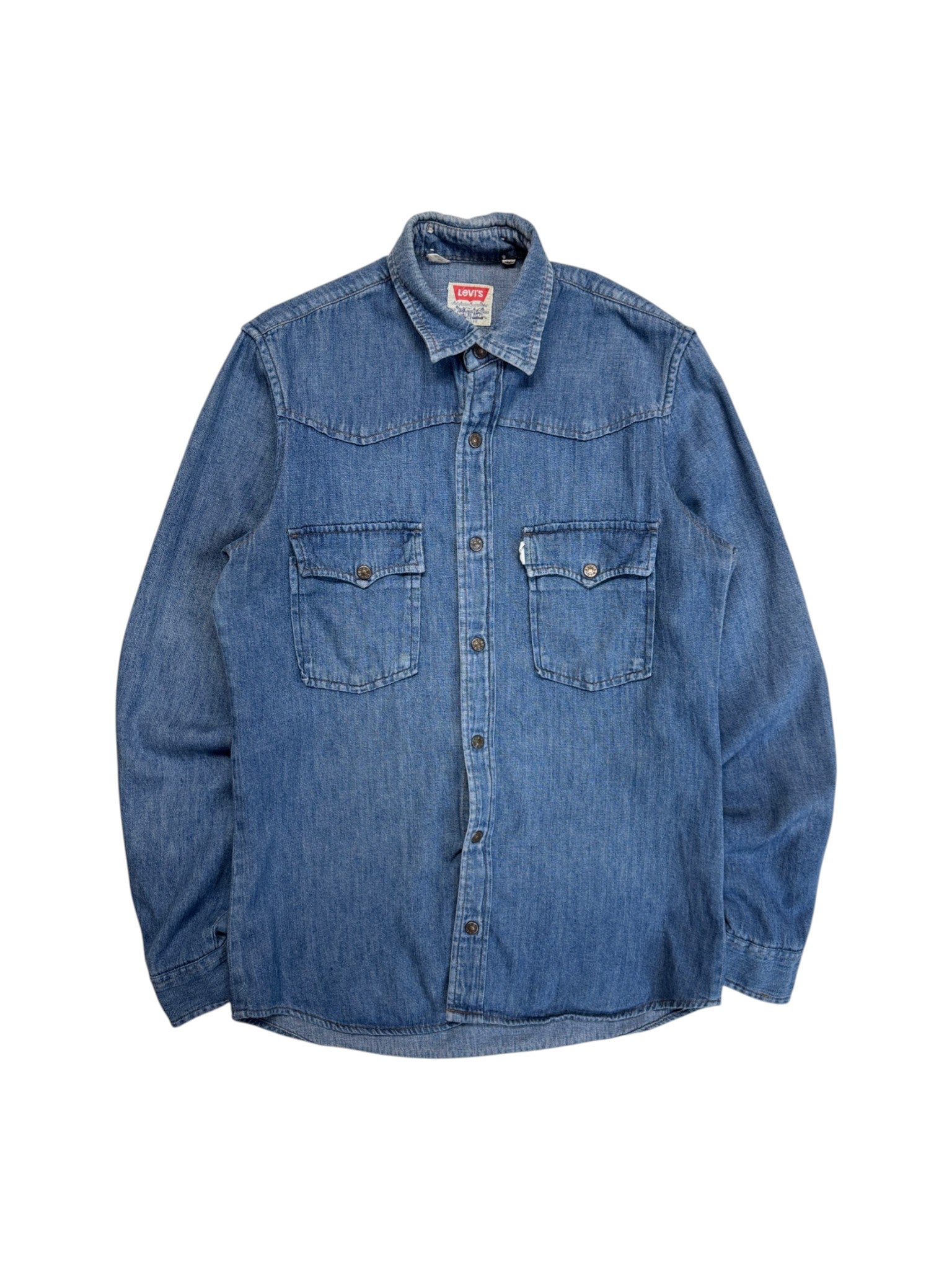 80s Levis Jeanshemd White Tab Western Pocket Flap Made In Italy Blau S-M