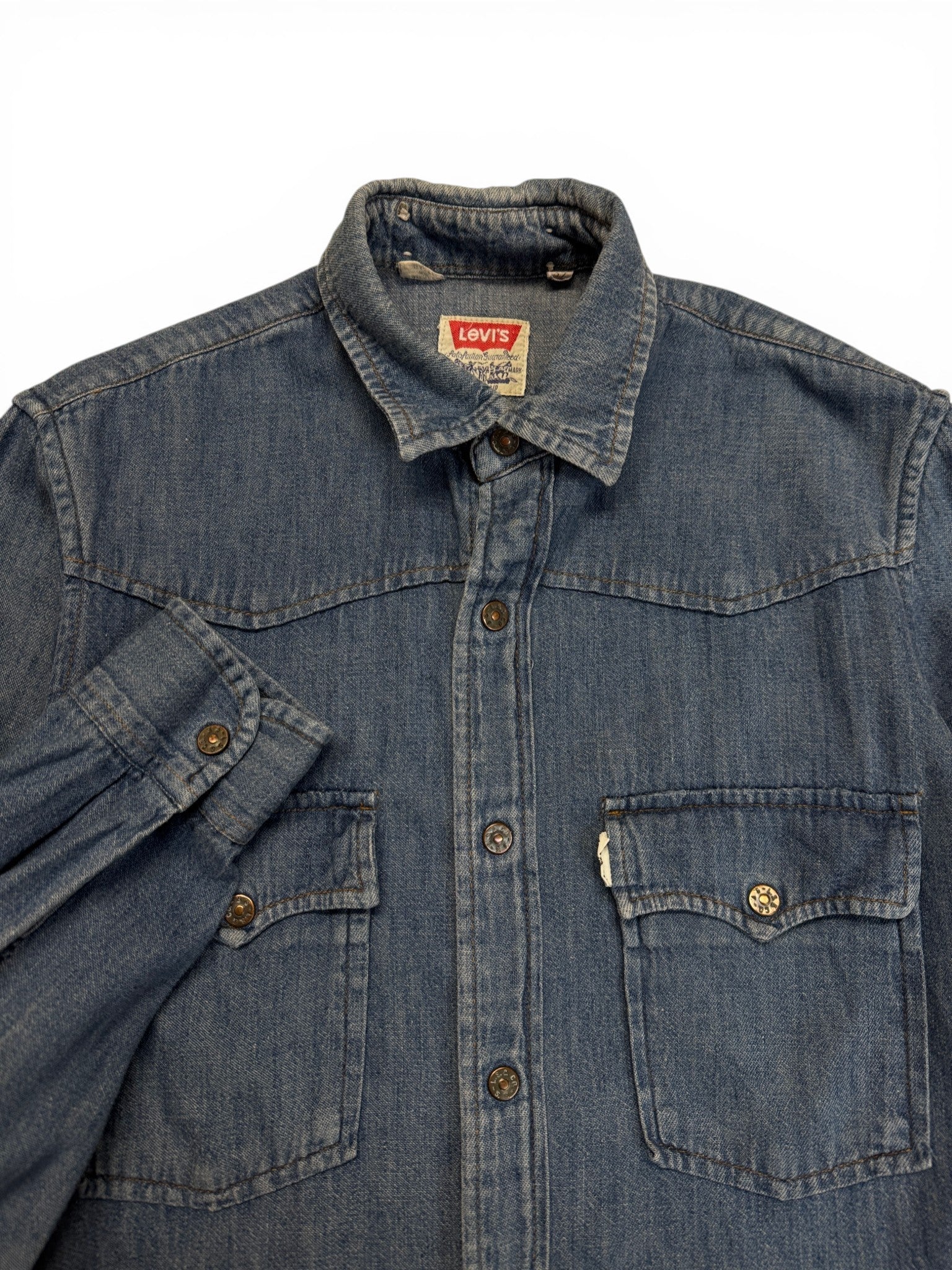 80s Levis Jeanshemd White Tab Western Pocket Flap Made In Italy Blau S-M