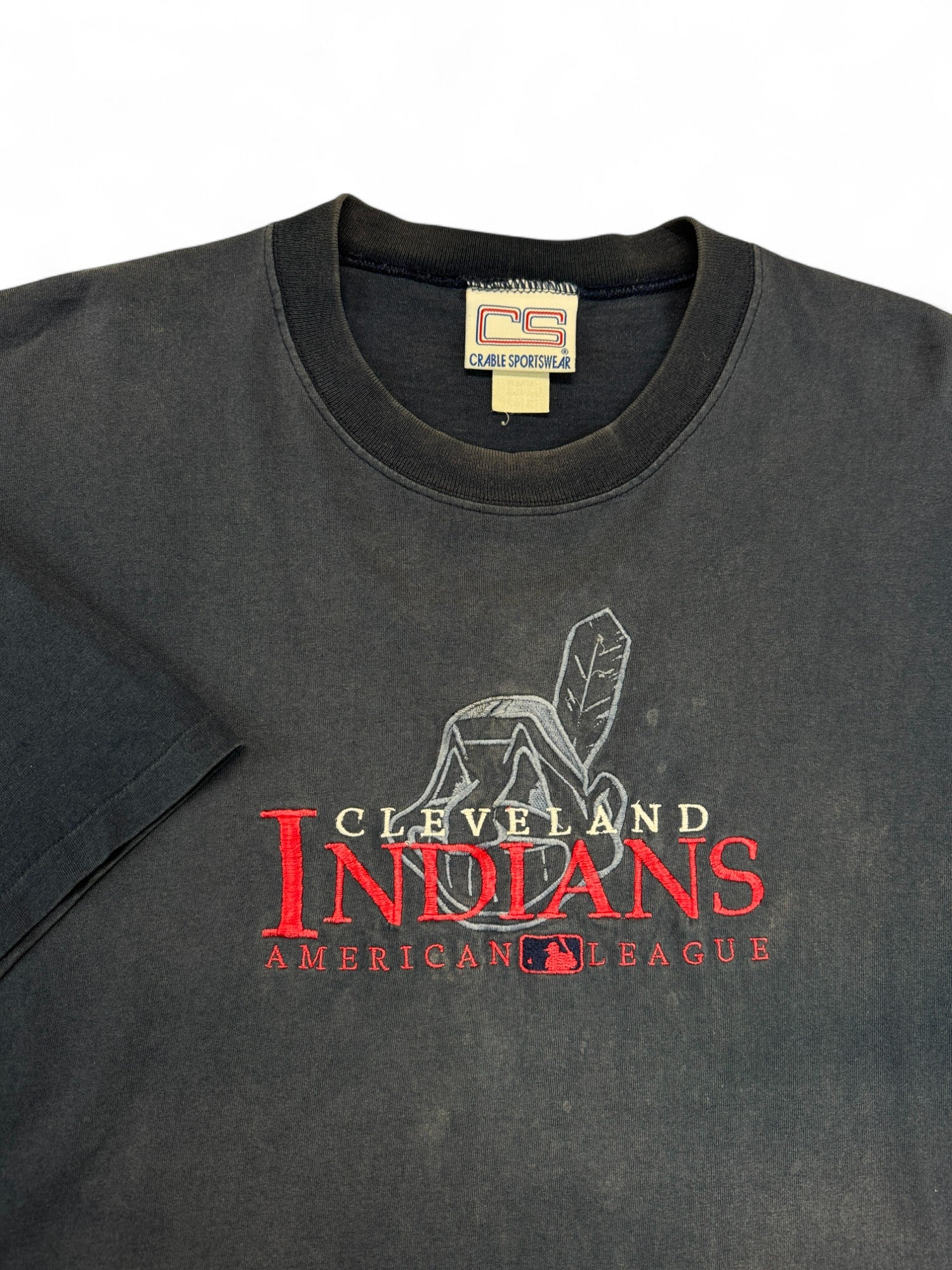 Vintage Crable Sportswear Shirt 90s Cleveland Indians MLB Faded Made In USA Single Stitch Dunkelblau XL