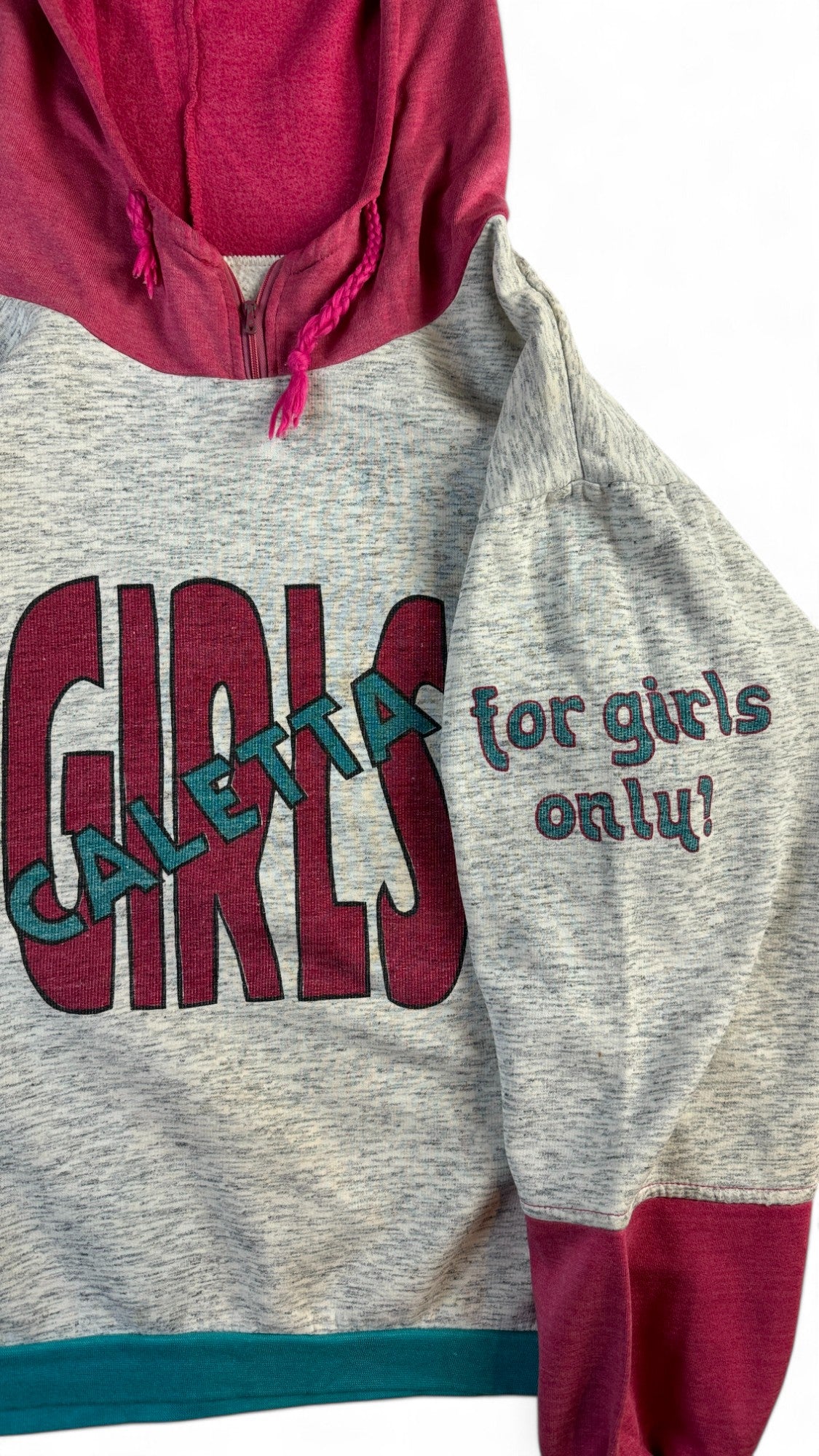 Vintage Hoodie 90s "Girls Caletta- for girls only!" Grau Rot S-M