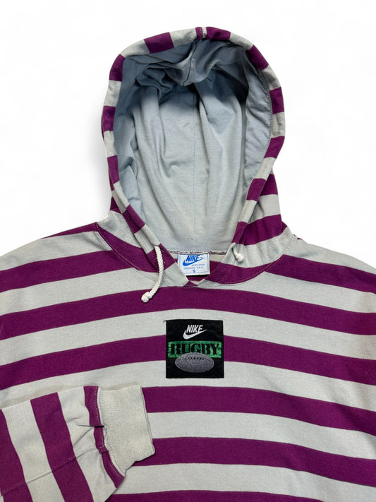 Vintage Nike Hoodie 80s "Rugby" Made In Spain Gestreift Grau Lila S