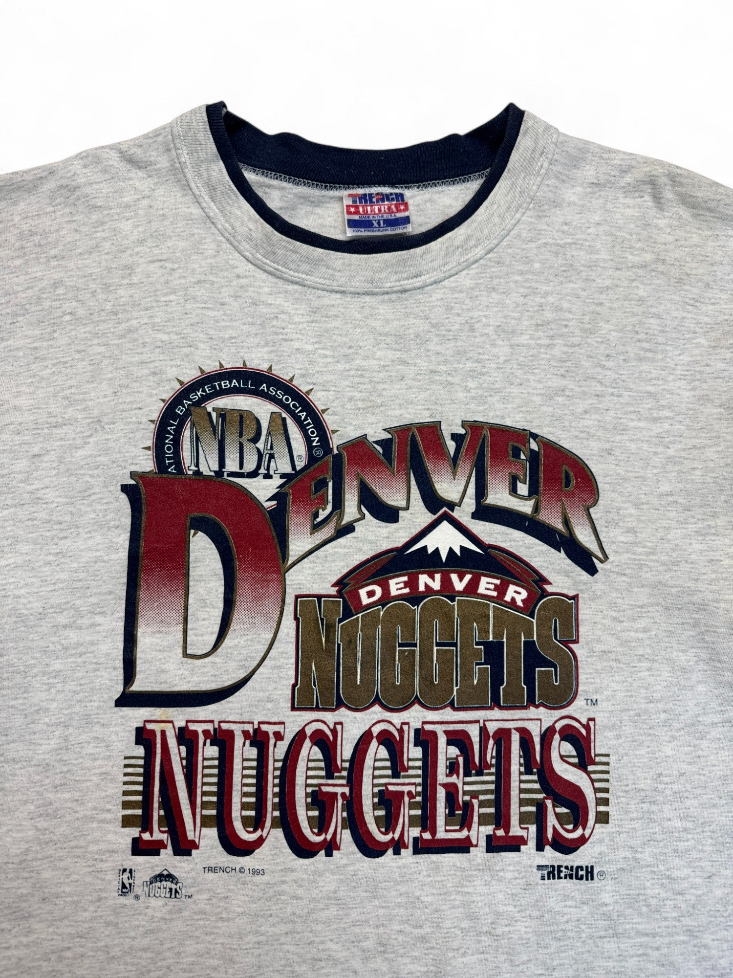 Vintage Trench Shirt 1993 Denver Nuggets Double Sleeve Made In USA Single Stitch Heather Grau XL