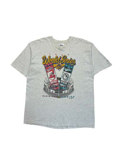 Vintage Pro Player Shirt 1997 World Series Cleveland Indians vs. Florida Marlins Made In USA Single Stitch Heather Grau XXL