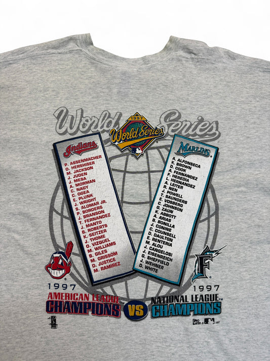 Vintage Pro Player Shirt 1997 World Series Cleveland Indians vs. Florida Marlins Made In USA Single Stitch Heather Grau XXL