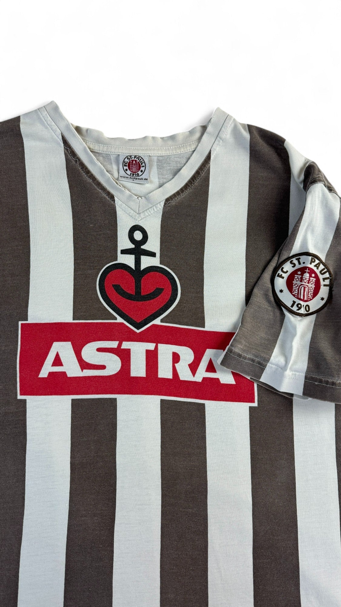 St. Pauli Shirt V-Ausschnitt Trikot Optik Astra Mit Patch Braun Weiß L - RareRags