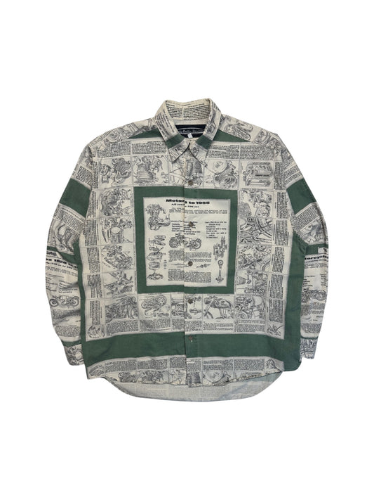 80s AOP Hemd "Motorcycles 1928-1955" Grün Beige L
