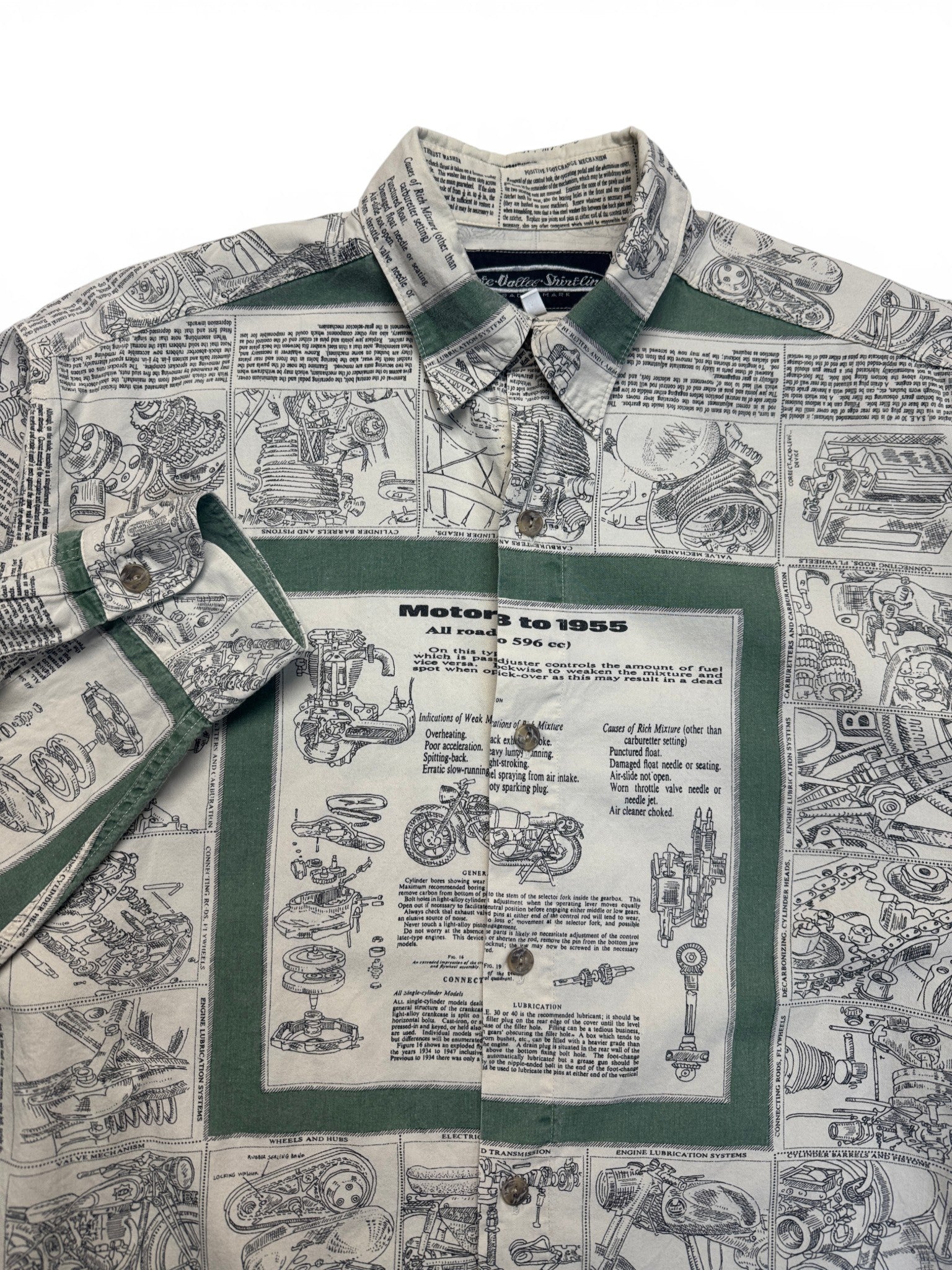 80s AOP Hemd "Motorcycles 1928-1955" Grün Beige L