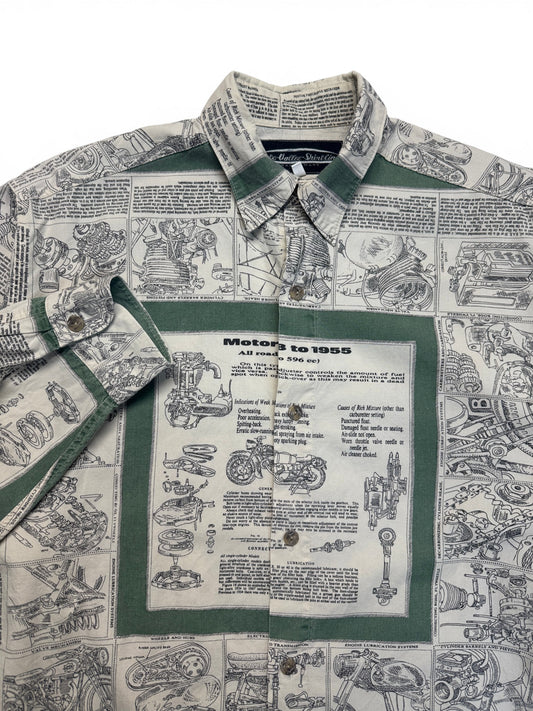 80s AOP Hemd "Motorcycles 1928-1955" Grün Beige L