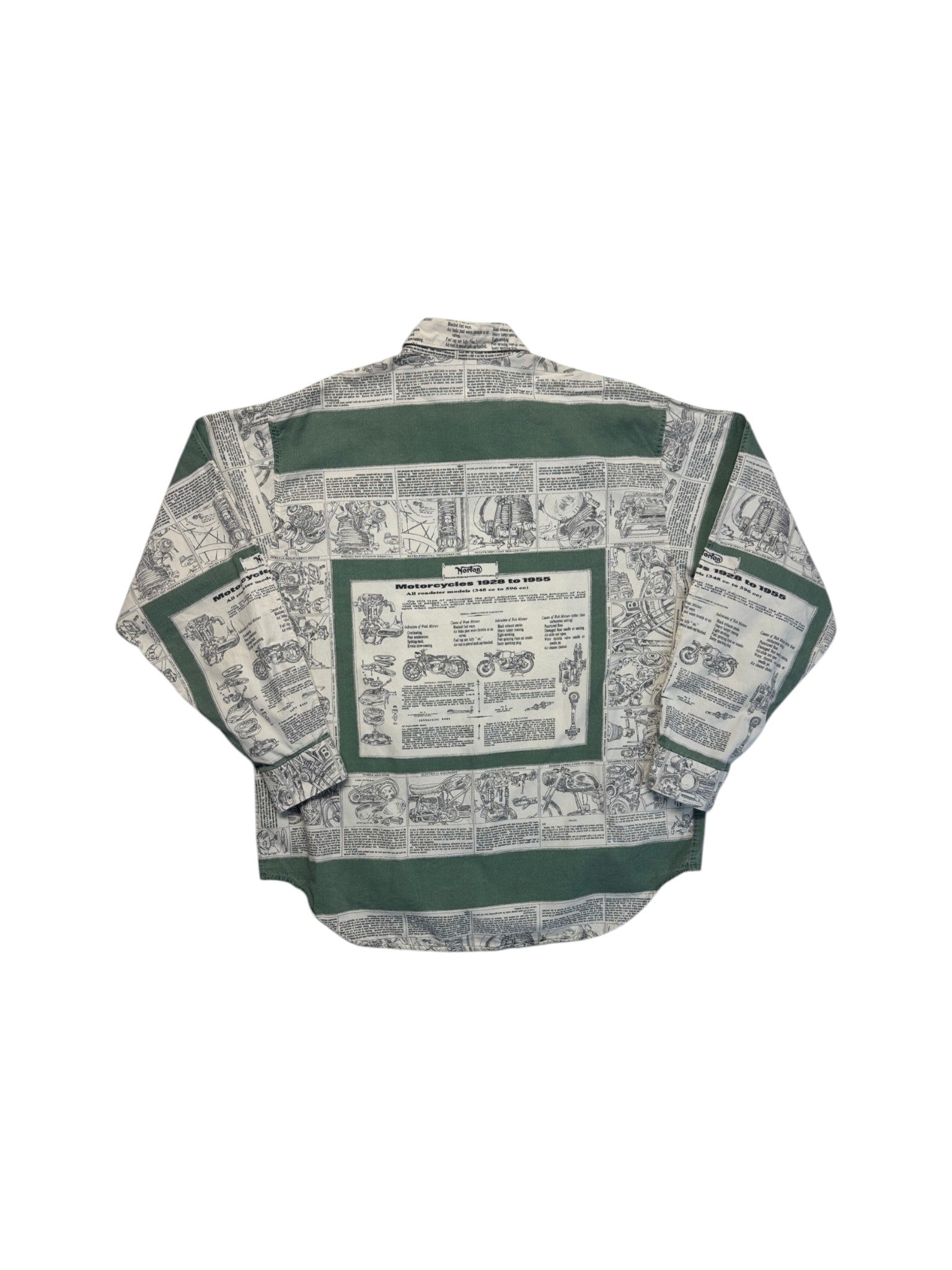 80s AOP Hemd "Motorcycles 1928-1955" Grün Beige L