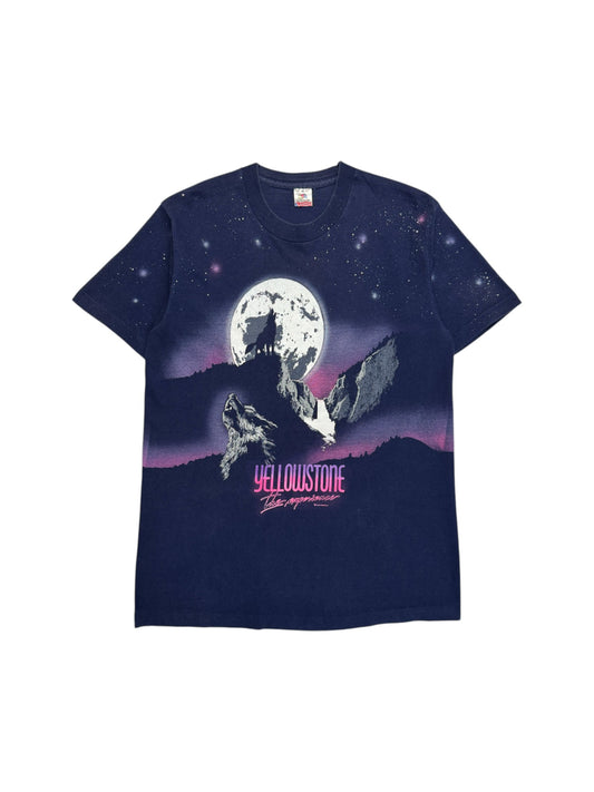 90s Fruit Of The Loom AOP Souvenir Shirt "Yellowstone - The Experience" Single Stitch Made In USA Dunkelblau L
