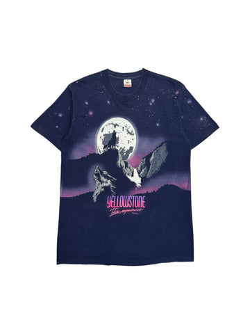 90s Fruit Of The Loom AOP Souvenir Shirt "Yellowstone - The Experience" Single Stitch Made In USA Dunkelblau L