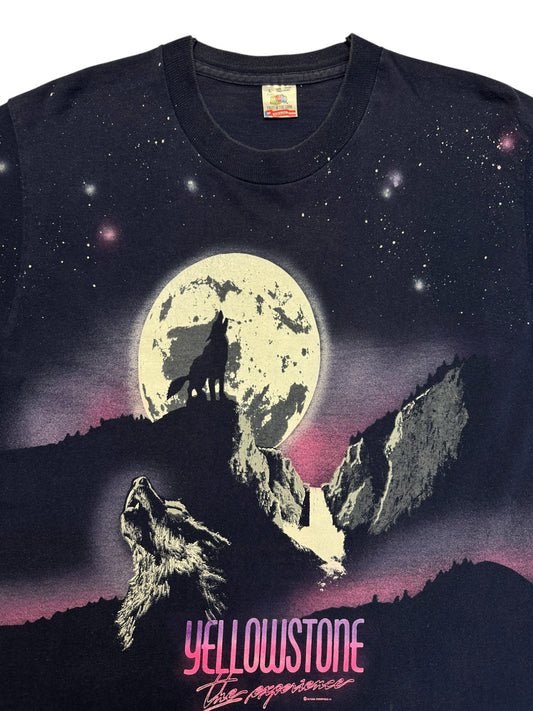 90s Fruit Of The Loom AOP Souvenir Shirt "Yellowstone - The Experience" Single Stitch Made In USA Dunkelblau L