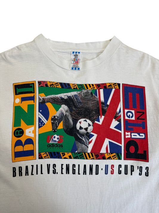 1993 Adidas Shirt Brazil Vs. England US Cup Single Stitch Made In USA Weiß