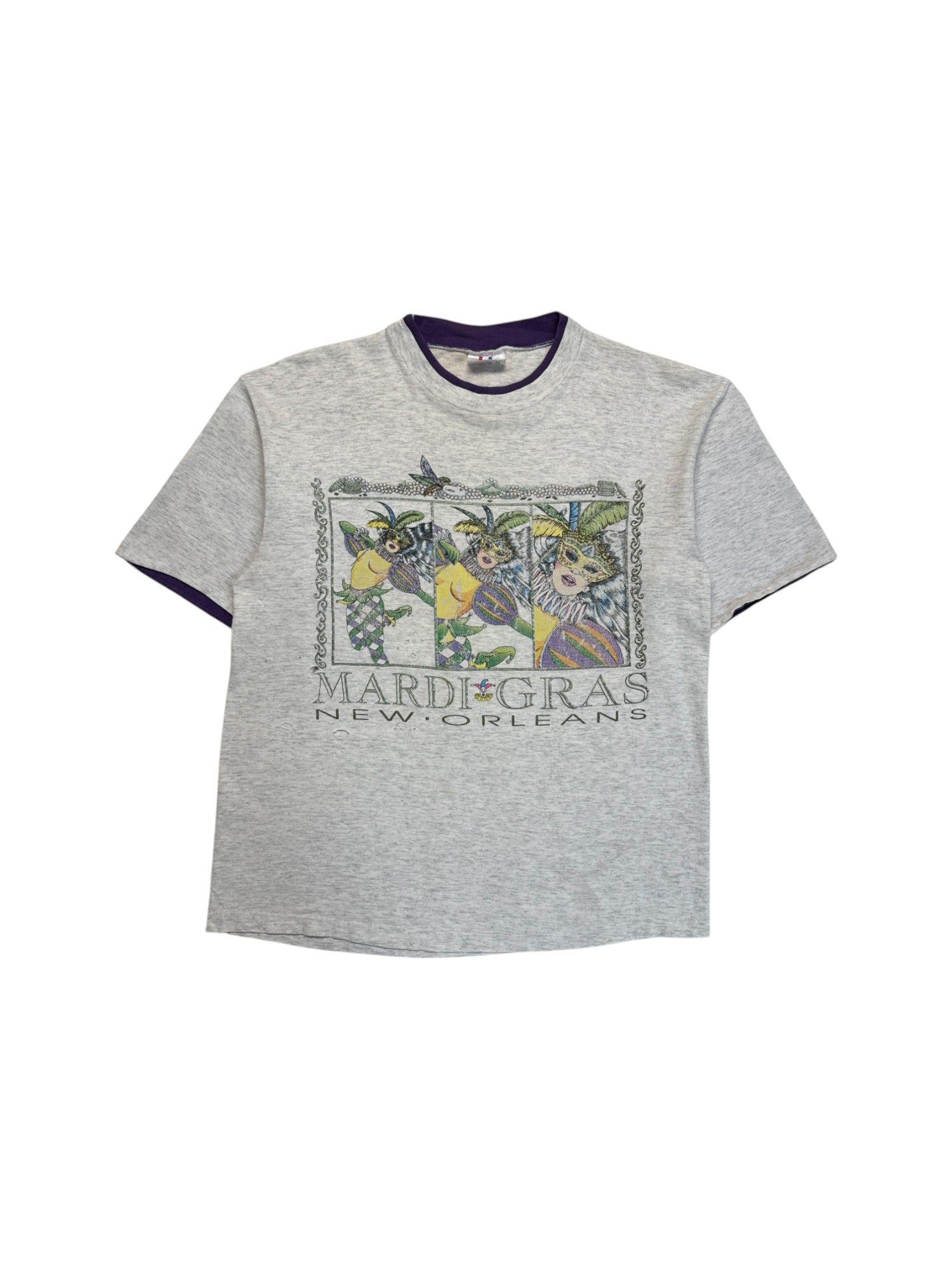 90s TeeJays Trashed Souvenir Shirt "Mardi Gras - New Orleans" Double Sleeve Made In USA Single Stitch Heather Grau M