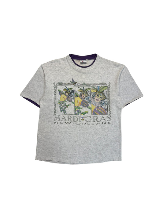 90s TeeJays Trashed Souvenir Shirt "Mardi Gras - New Orleans" Double Sleeve Made In USA Single Stitch Heather Grau M