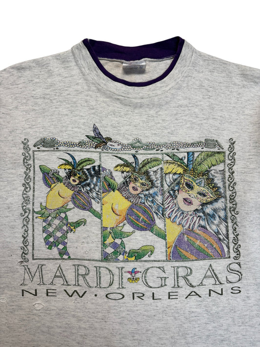 90s TeeJays Trashed Souvenir Shirt "Mardi Gras - New Orleans" Double Sleeve Made In USA Single Stitch Heather Grau M