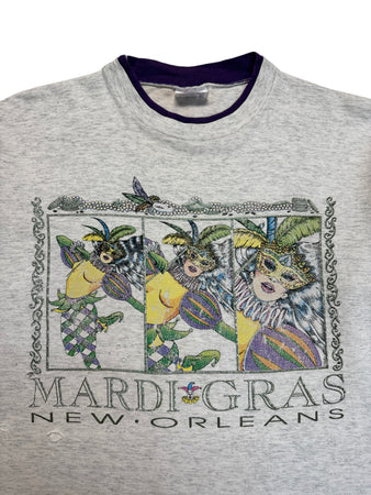 90s TeeJays Trashed Souvenir Shirt "Mardi Gras - New Orleans" Double Sleeve Made In USA Single Stitch Heather Grau M