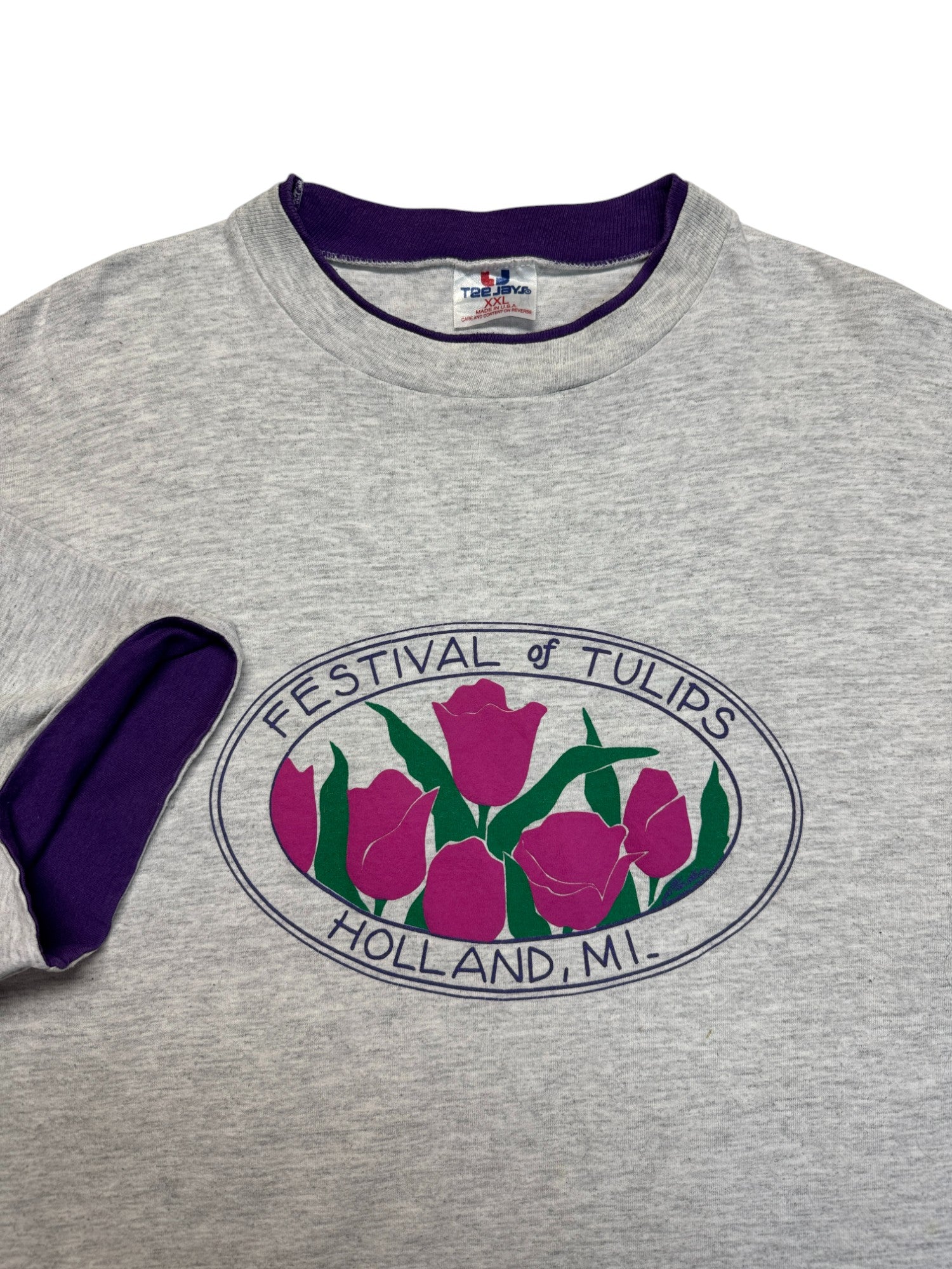 90s TeeJays Souvenir Shirt "Festival Of Tulips - Holland Michigan" Made In USA Single Stitch Heather Grau XXL