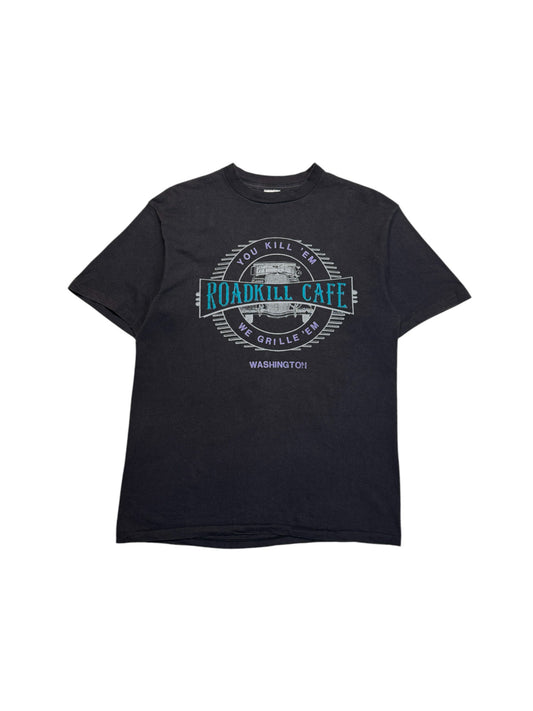 90s Prairie Mountain Souvenir Shirt "Roadkill Café - You Kill ’Em We Grill ’Em" Single Stitch Made In USA Schwarz L