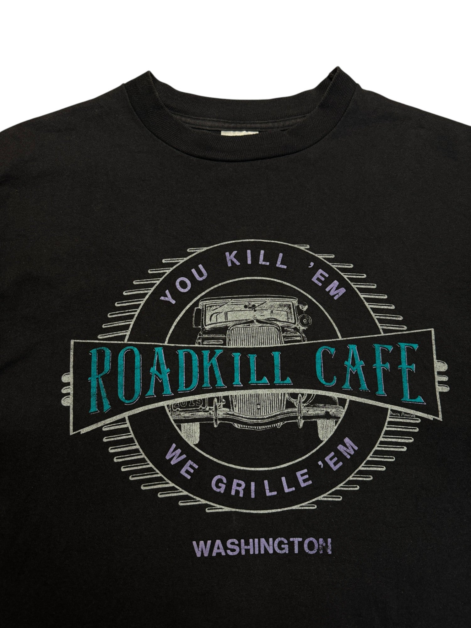 90s Prairie Mountain Souvenir Shirt "Roadkill Café - You Kill ’Em We Grill ’Em" Single Stitch Made In USA Schwarz L