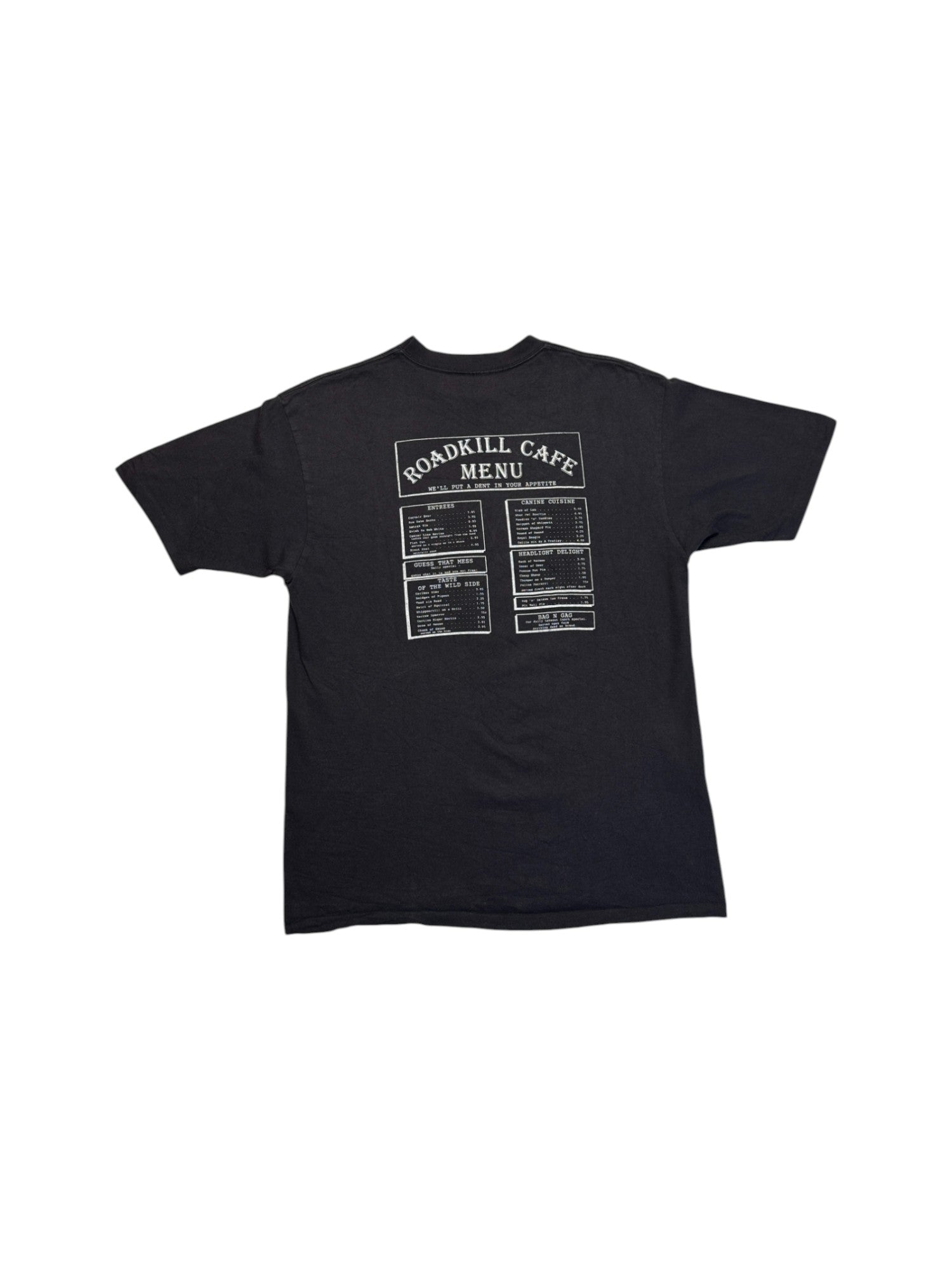 90s Prairie Mountain Souvenir Shirt "Roadkill Café - You Kill ’Em We Grill ’Em" Single Stitch Made In USA Schwarz L