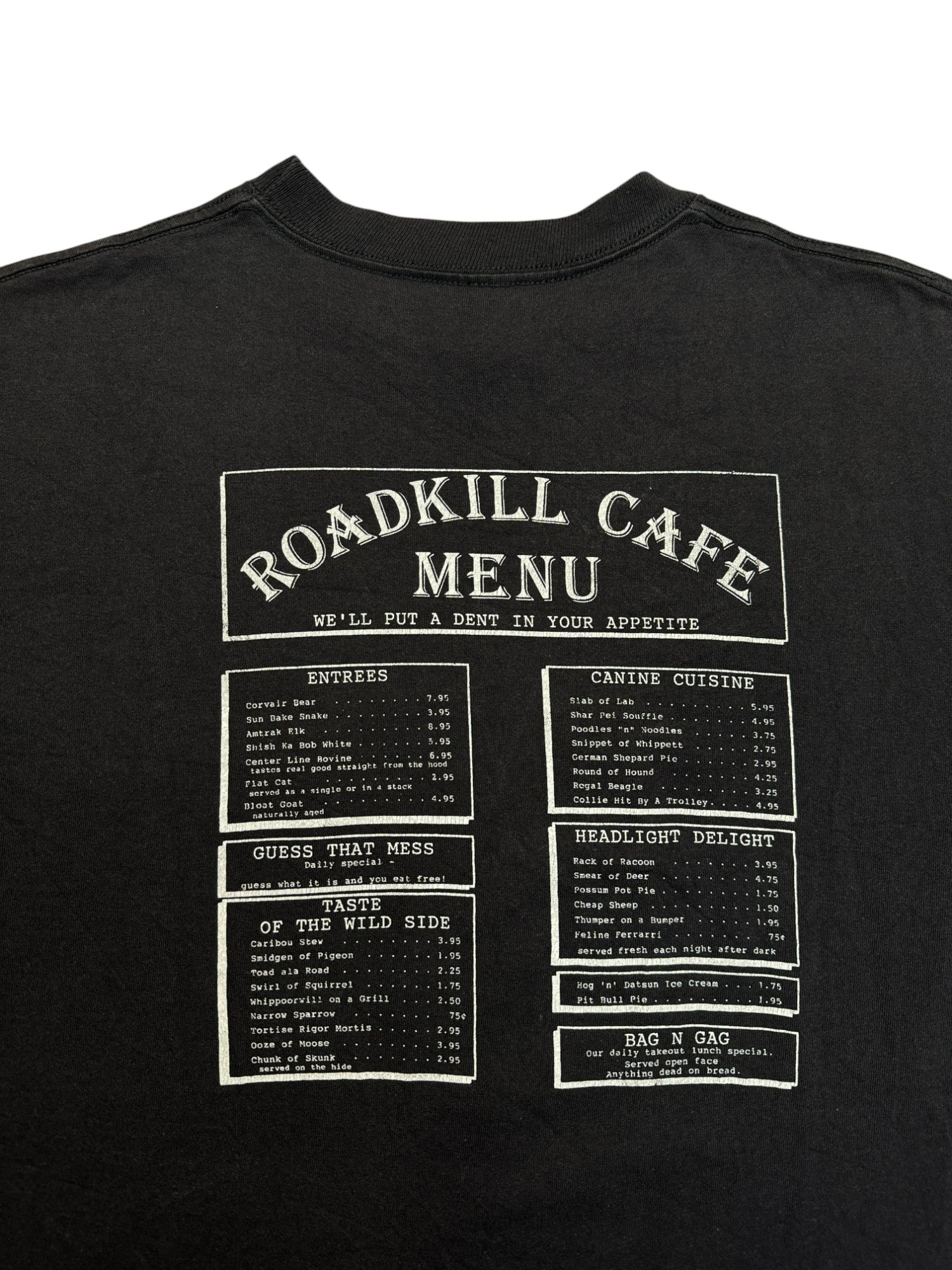 90s Prairie Mountain Souvenir Shirt "Roadkill Café - You Kill ’Em We Grill ’Em" Single Stitch Made In USA Schwarz L
