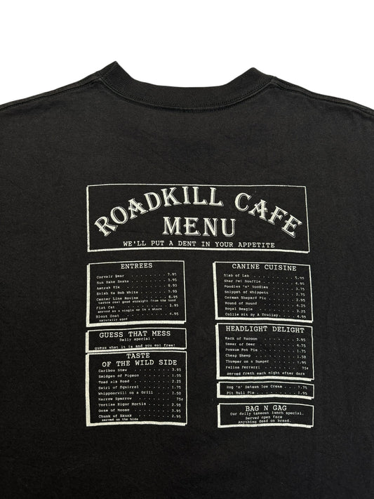 90s Prairie Mountain Souvenir Shirt "Roadkill Café - You Kill ’Em We Grill ’Em" Single Stitch Made In USA Schwarz L
