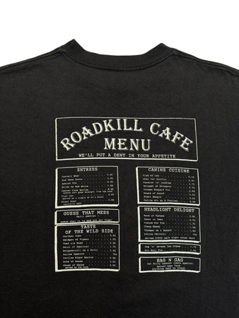 90s Prairie Mountain Souvenir Shirt "Roadkill Café - You Kill ’Em We Grill ’Em" Single Stitch Made In USA Schwarz L