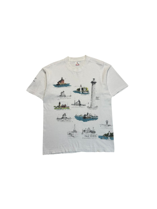 1993 Fruit Of The Loom Souvenir Shirt "Ohio Lighthouses On Lake Erie" Single Stitch Made In USA Weiß L