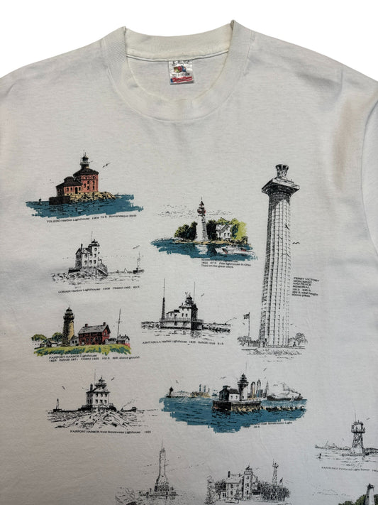 1993 Fruit Of The Loom Souvenir Shirt "Ohio Lighthouses On Lake Erie" Single Stitch Made In USA Weiß L