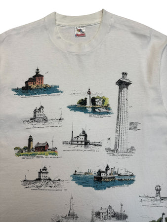 1993 Fruit Of The Loom Souvenir Shirt "Ohio Lighthouses On Lake Erie" Single Stitch Made In USA Weiß L