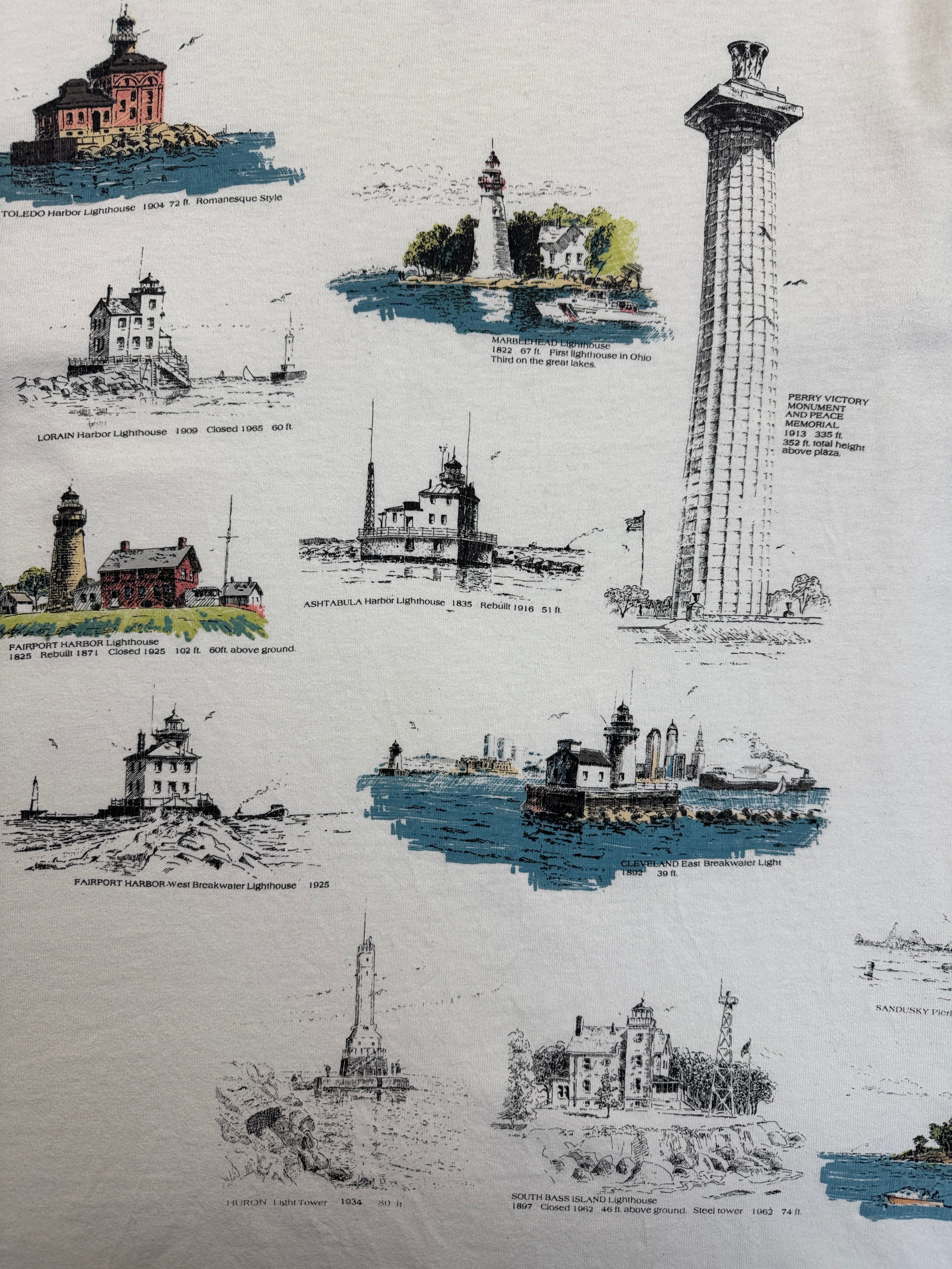 1993 Fruit Of The Loom Souvenir Shirt "Ohio Lighthouses On Lake Erie" Single Stitch Made In USA Weiß L