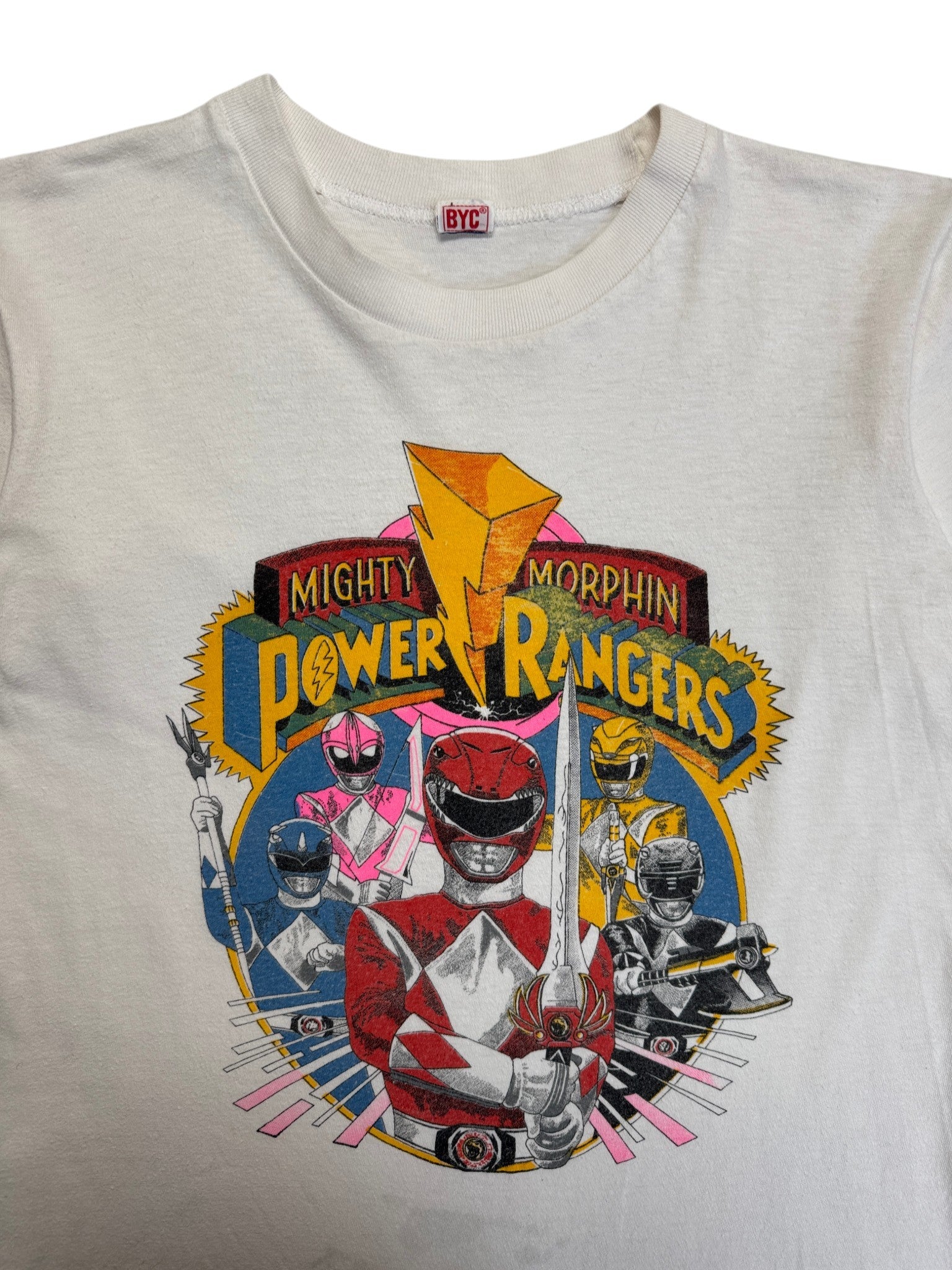 90s Kids Shirt Power Rangers Mighty Morphin Single Stitch Weiß XXS
