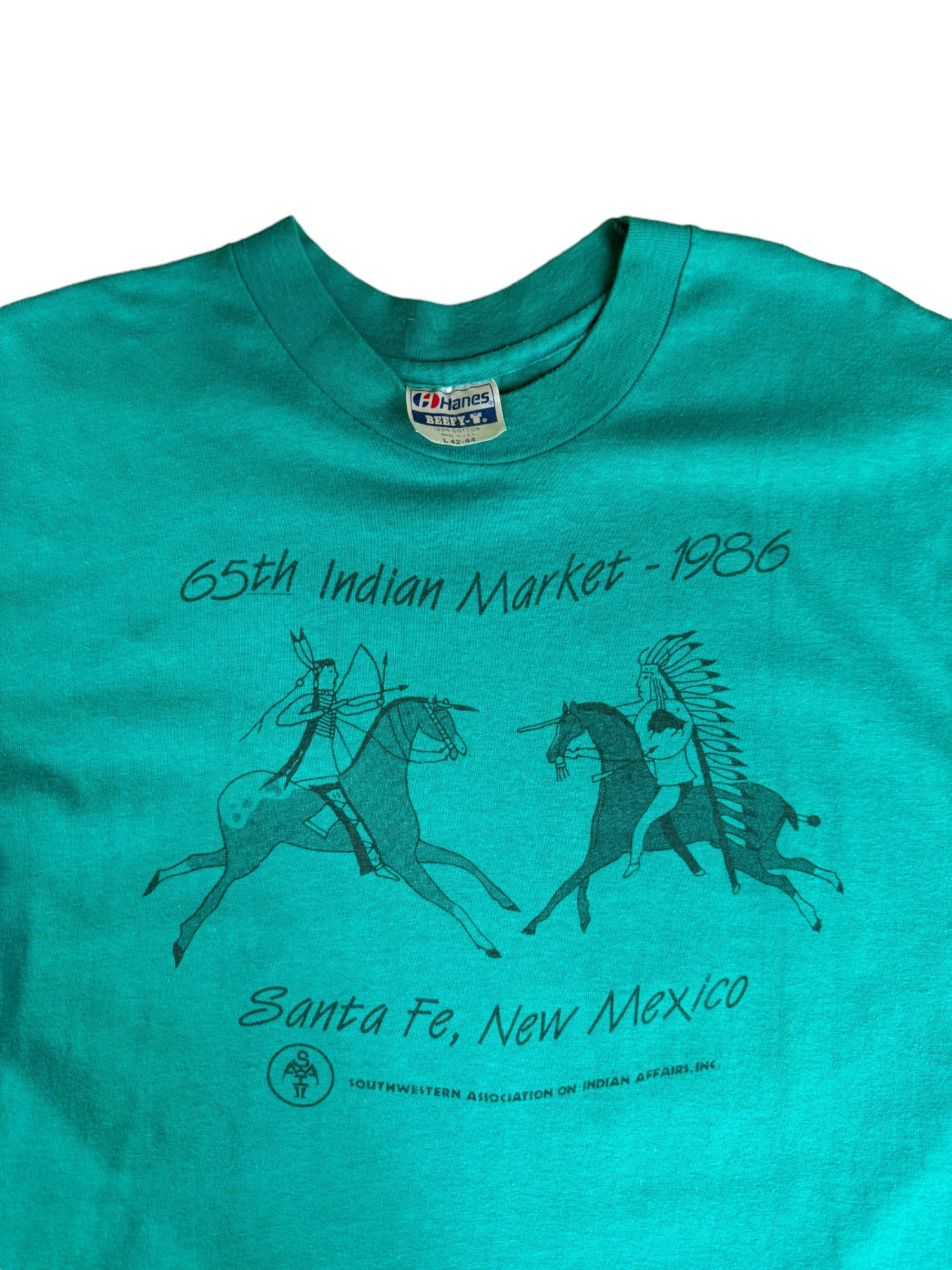 Vintage Hanes Shirt "65th Indian Market - 1986 Santa Fe, New Mexico" Single Stitch Made In USA Grün L - RareRags