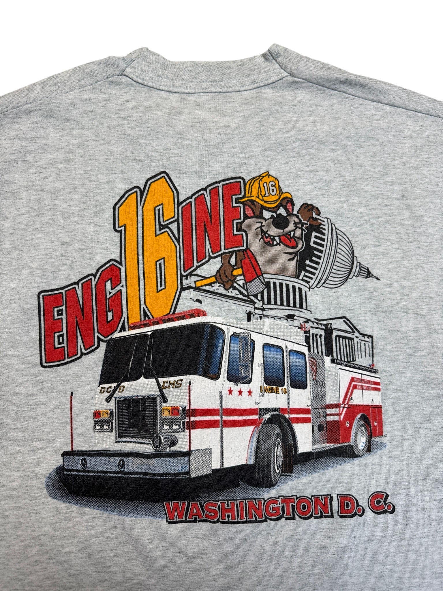 90s Washington Fire Department Shirt xTaz Looney Tunes Single Stitch Grau L-XL