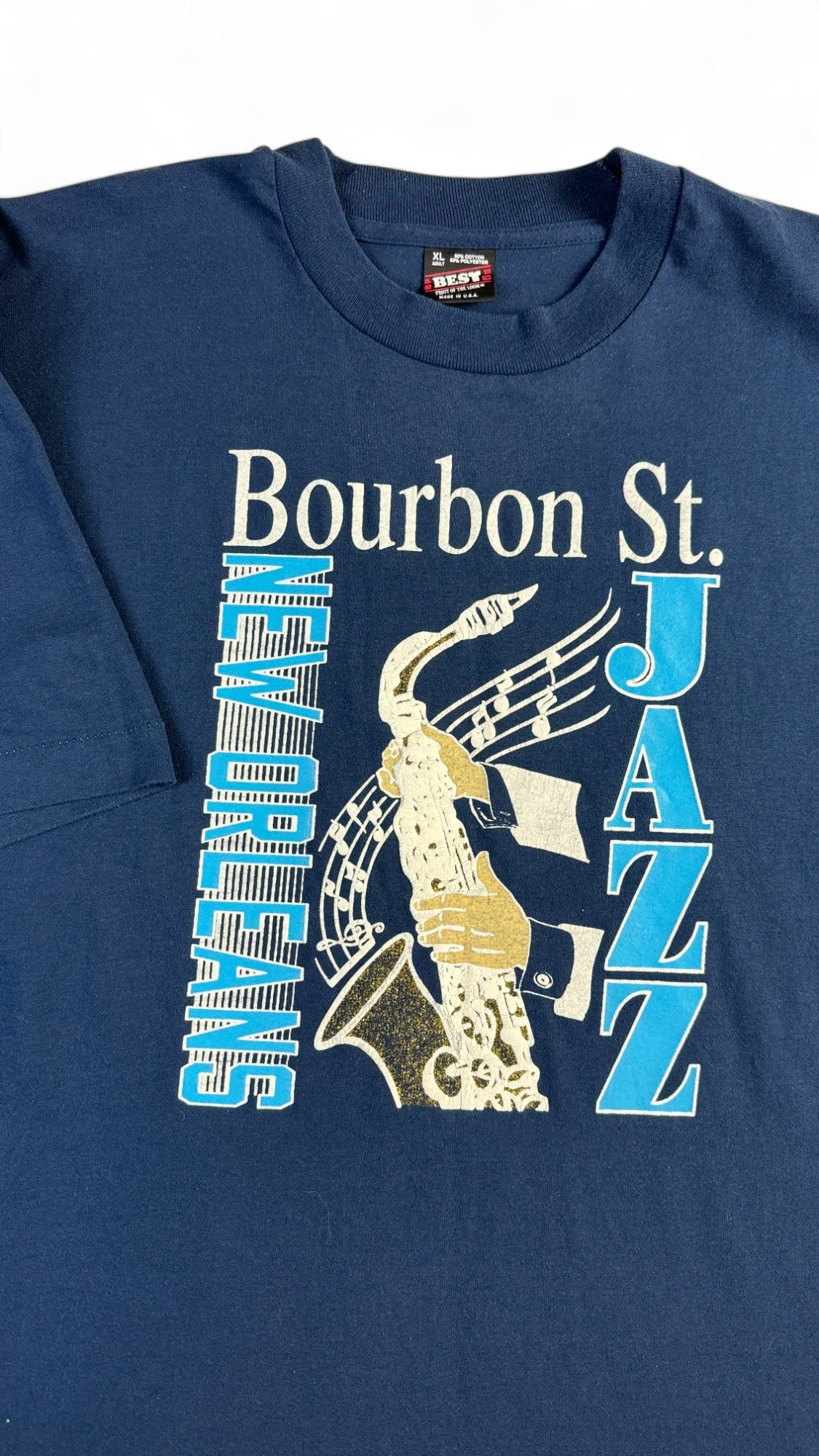 Vintage Screen Stars Shirt 80s "Bourbon Street New Orleans Jazz" Single Stitch Made In USA Dunkelblau XL - RareRags
