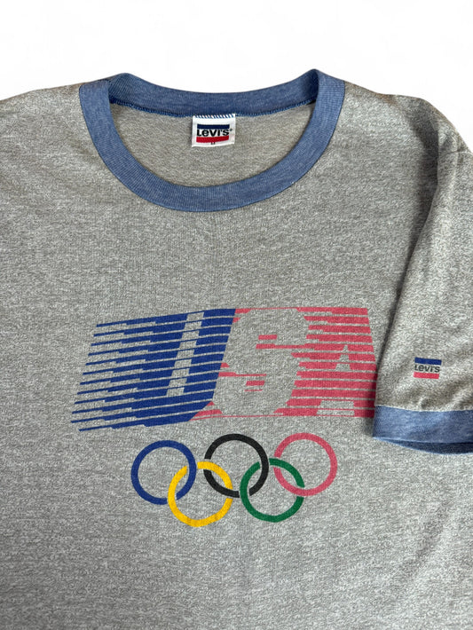Vintage Levis Ringer-Shirt 1984 Olympiade USA Single Stitch Grau M