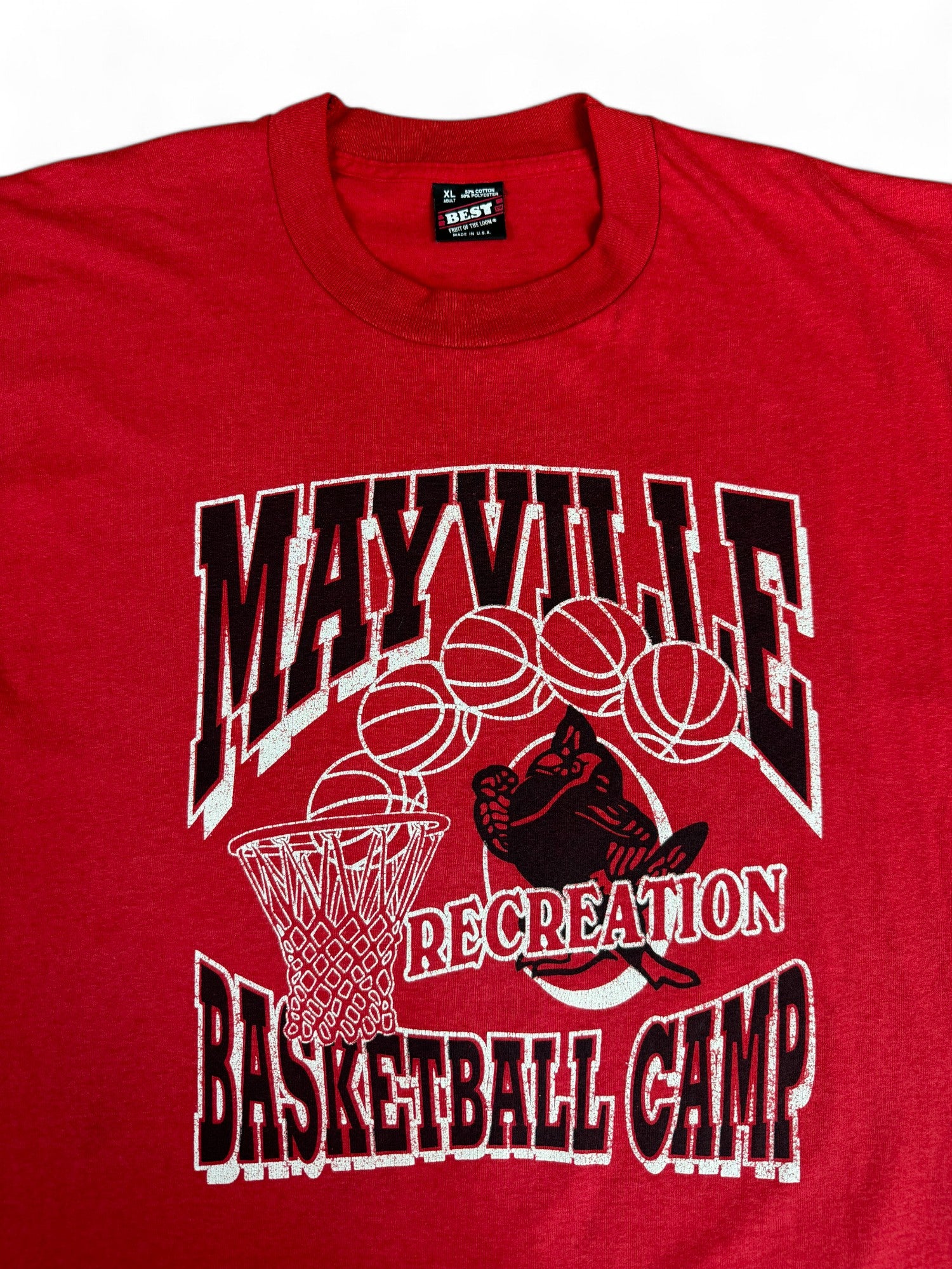 Vintage Fruit Of The Loom Shirt 90s "Mayville Recreation Basketball Camp" Made In USA Single Stitch Rot XL - RareRags