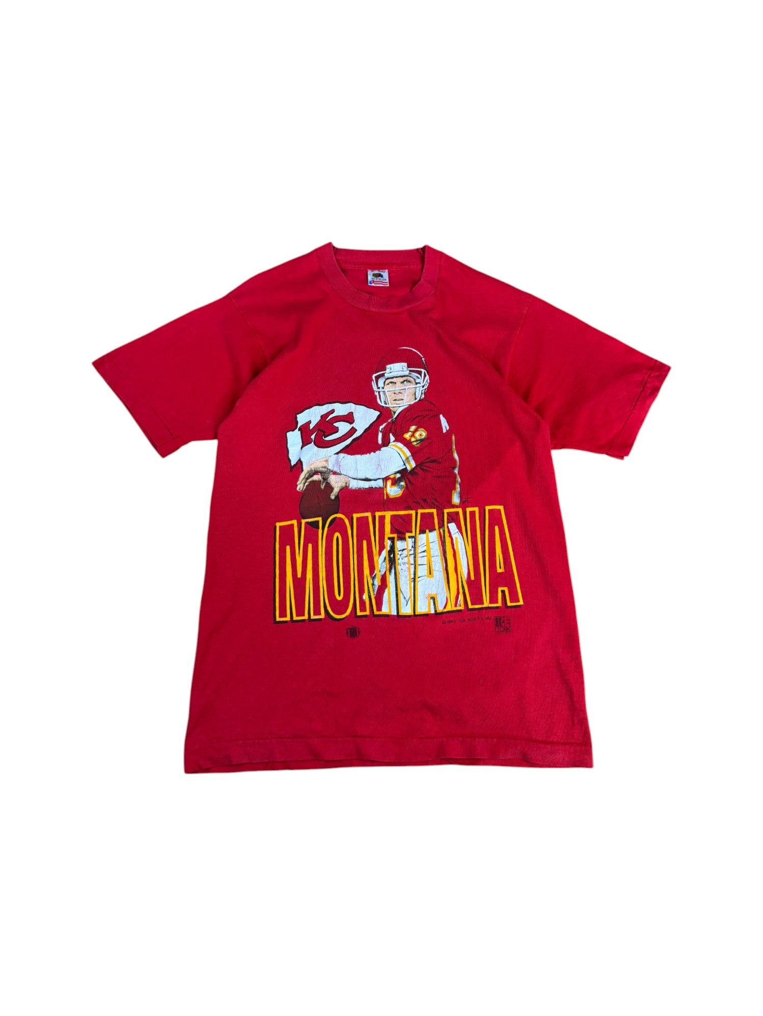 Vintage Fruit Of The Loom X Icebox Shirt 1993 Joe Montana Kansas City Chiefs Single Stitch Made In USA Rot M - RareRags