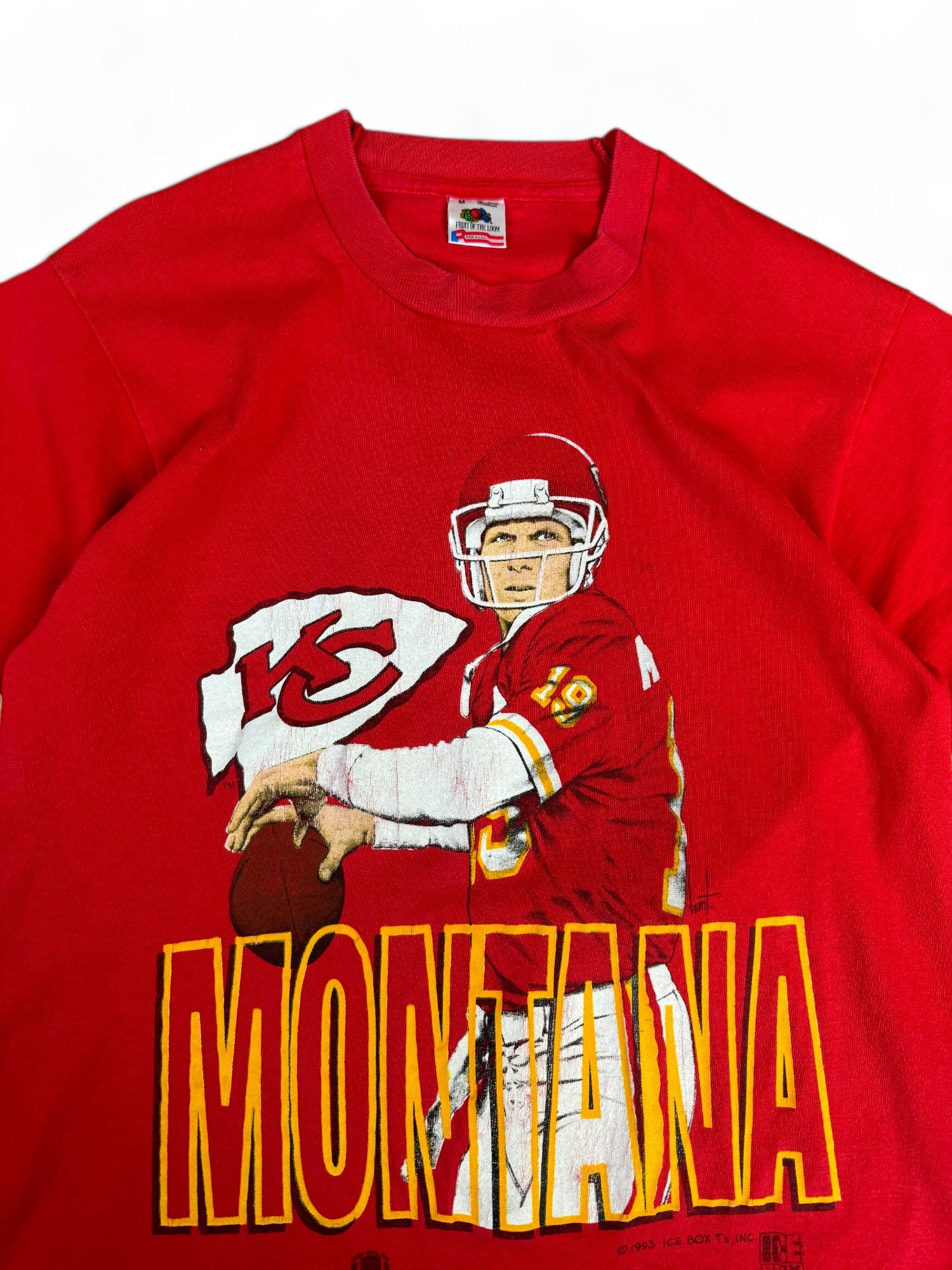 Vintage Fruit Of The Loom X Icebox Shirt 1993 Joe Montana Kansas City Chiefs Single Stitch Made In USA Rot M - RareRags
