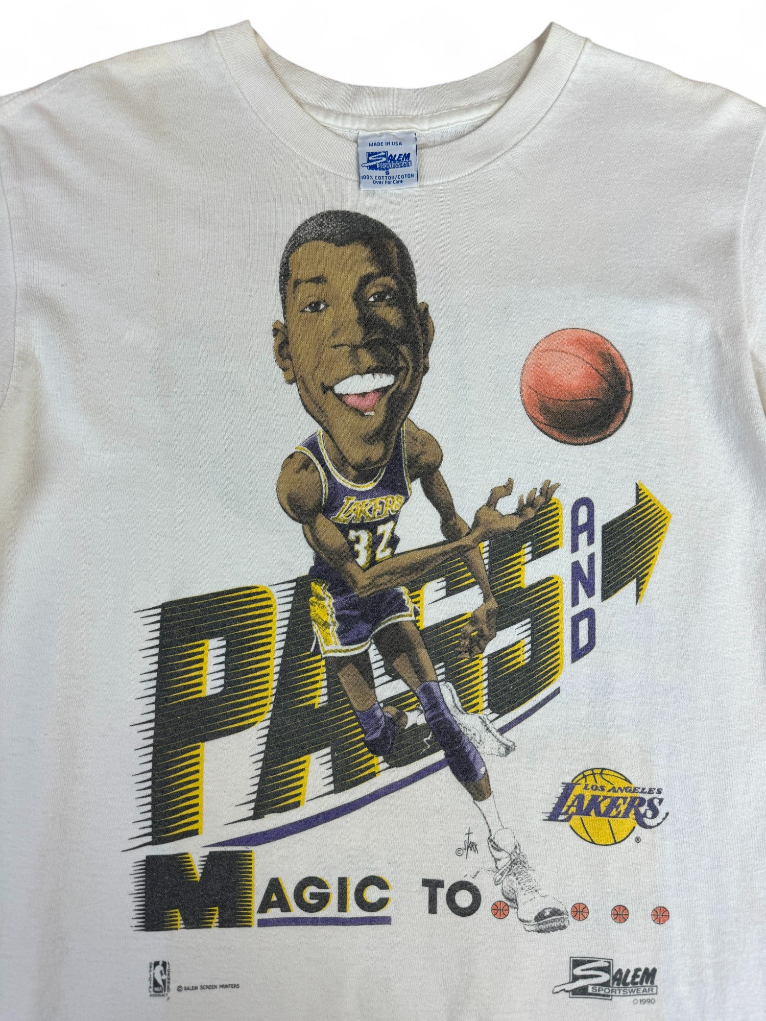 Vintage Salem Sportswear 1990 LA Lakers Magic Johnson NBA Basketbal Made In USA Single Stitch Weiß S