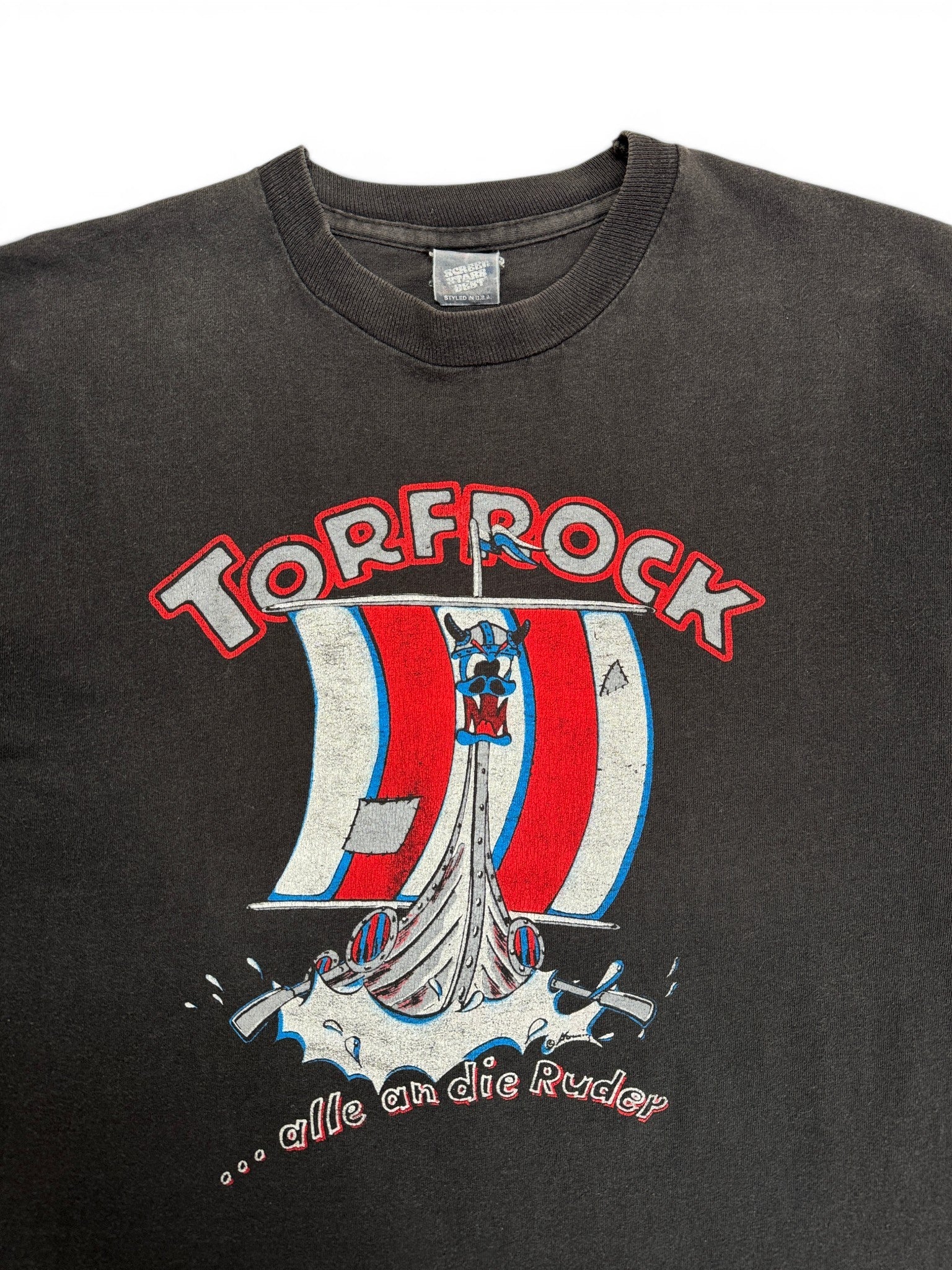 90s Screen Stars Shirt Torfrock "... alle an die Ruder" Single Stitch Made In Ireland Schwarz XL