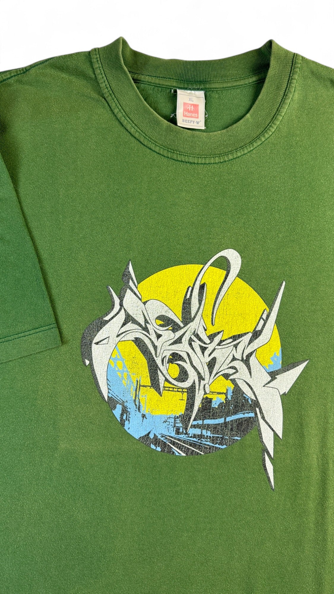 Vintage Hanes Beefy Shirt 90s "Dare" Graffiti Artwork Grün XL - RareRags